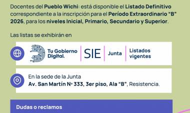DOCENTES DE LA COMUNIDAD WICHÍ: ESTÁ DISPONIBLE EL LISTADO DEFINITIVO DEL PERÍODO EXTRAORDINARIO “B” 2026