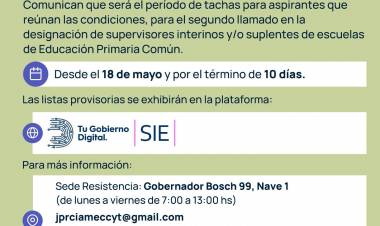 NIVEL PRIMARIO: INICIA EL PERÍODO DE TACHAS PARA LA DESIGNACIÓN DE SUPERVISORES