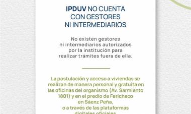 IPDUV ADVIERTE QUE NO EXISTEN GESTORES NI INTERMEDIARIOS AUTORIZADOS PARA TRÁMITES DE VIVIENDA