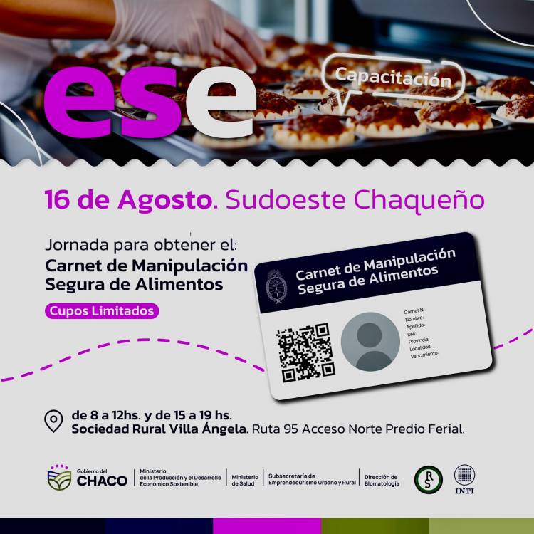 EL VIERNES 16 DE AGOSTO, SE DICTARÁ CURSO DE MANIPULACIÓN SEGURA DE ALIMENTOS EN VILLA ÁNGELA