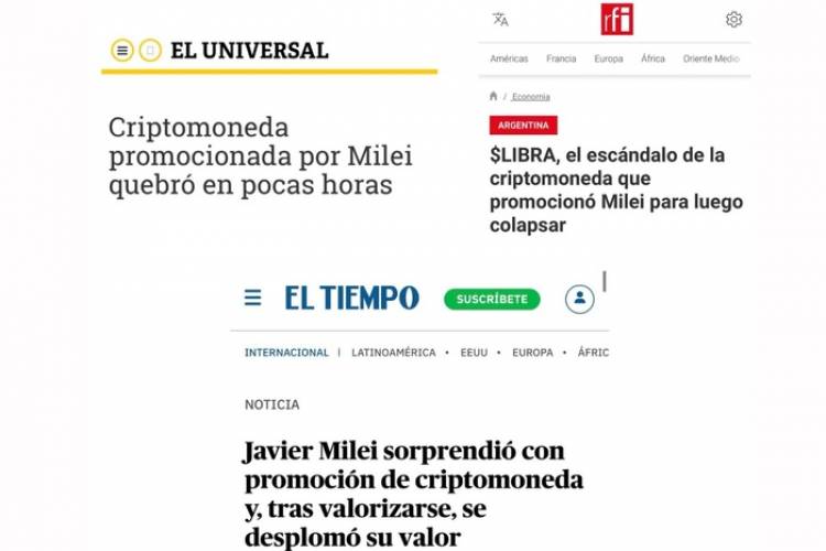 ASÍ RETRATARON LOS MEDIOS INTERNACIONALES LA FALLIDA CRIPTOMONEDA QUE PROMOCIONÓ MILEI