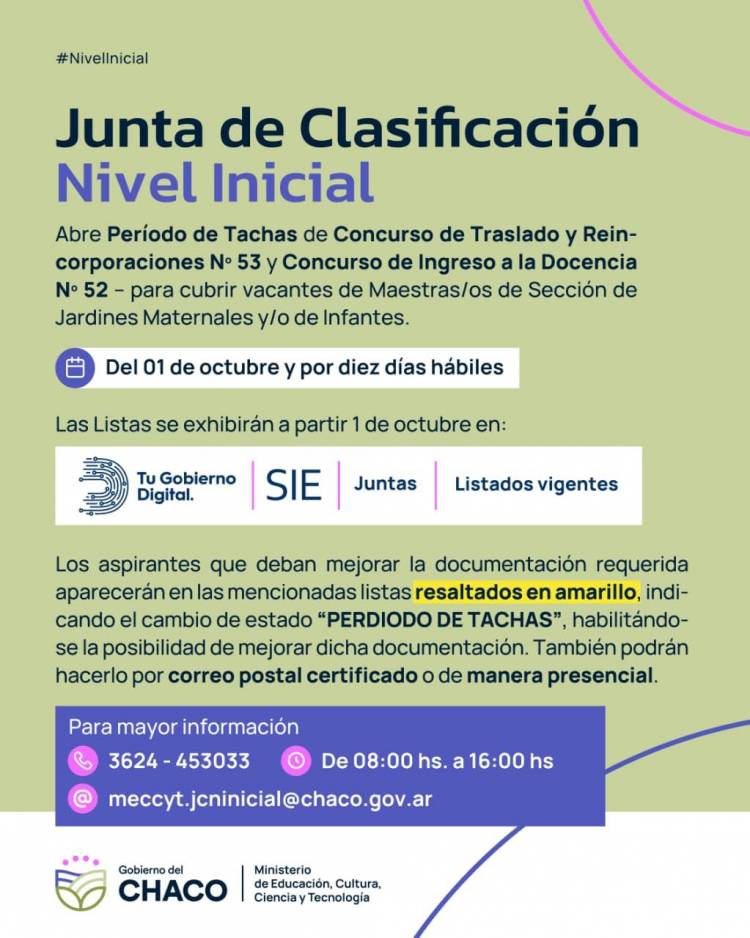 NIVEL INICIAL: ABRE PERIODO DE TACHAS DE CONCURSOS DE INGRESO, TRASLADO Y REINCORPORACIONES