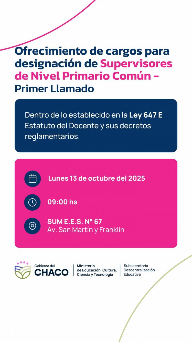 EDUCACIÓN: EL LUNES 13, HABRÁ ACTOS DE DESIGNACIÓN DE CARGOS DE SUPERVISORES