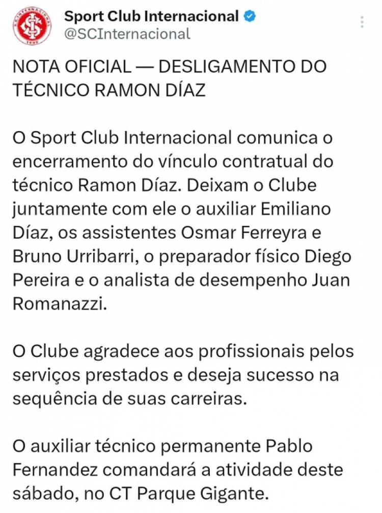 INTER DE PORTO ALEGRE OFICIALIZÓ LA SALIDA DE RAMÓN DÍAZ TRAS UN BREVE CICLO EN EL CLUB