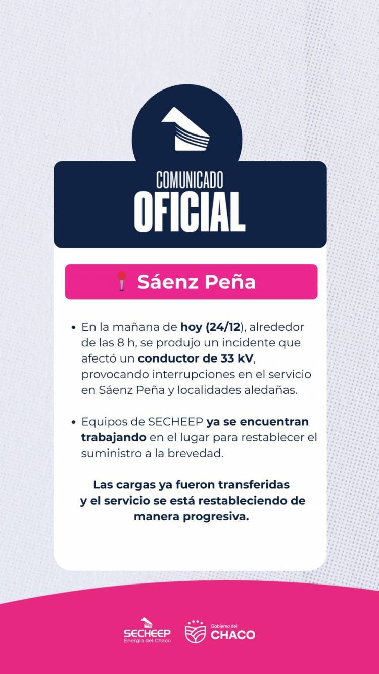 SÁENZ PEÑA: SECHEEP SE ENCUENTRA TRABAJANDO PARA RESTABLECER EL SERVICIO ELÉCTRICO