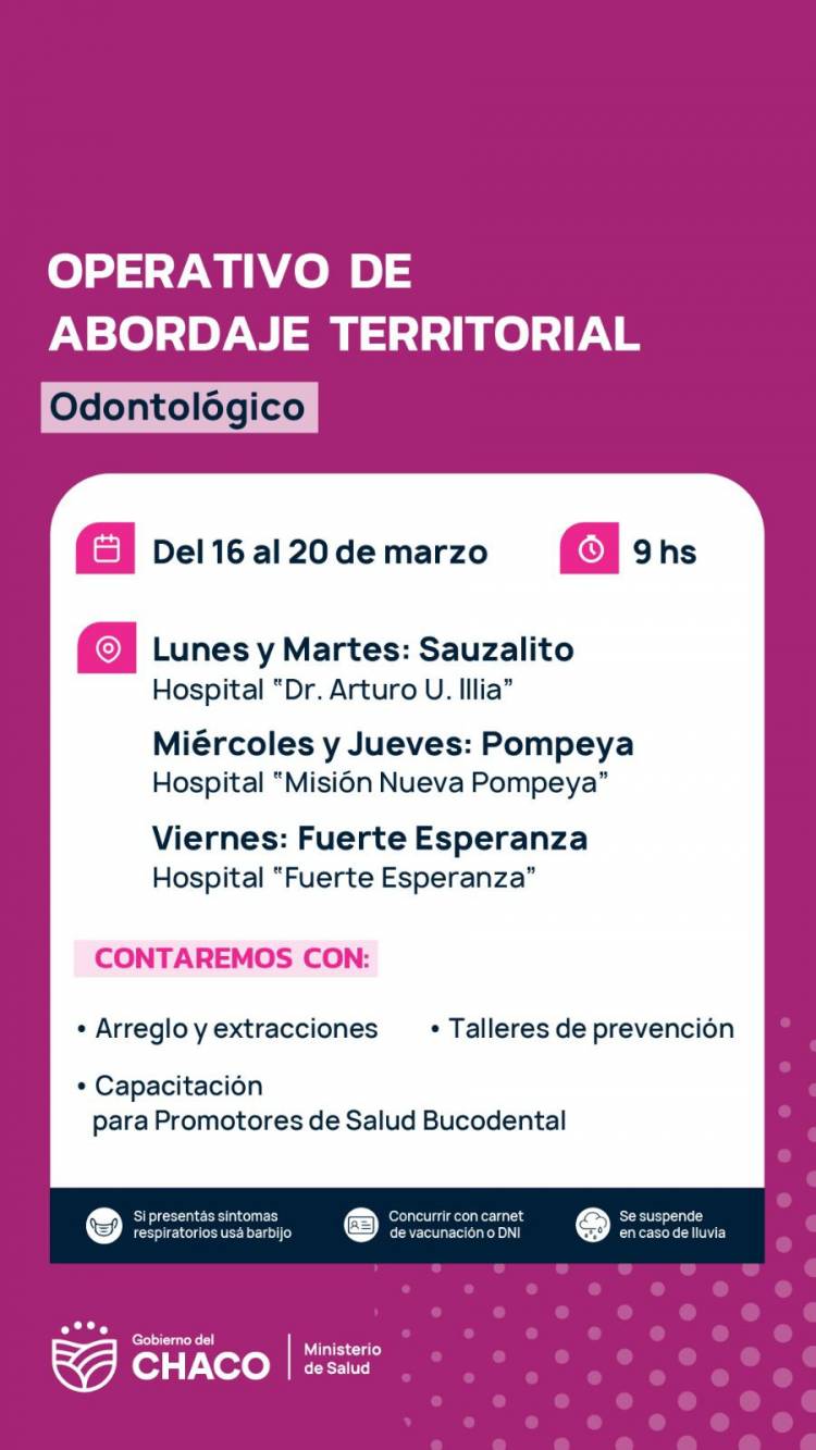 SALUD REALIZARÁ UN OPERATIVO ODONTOLÓGICO EN EL IMPENETRABLE