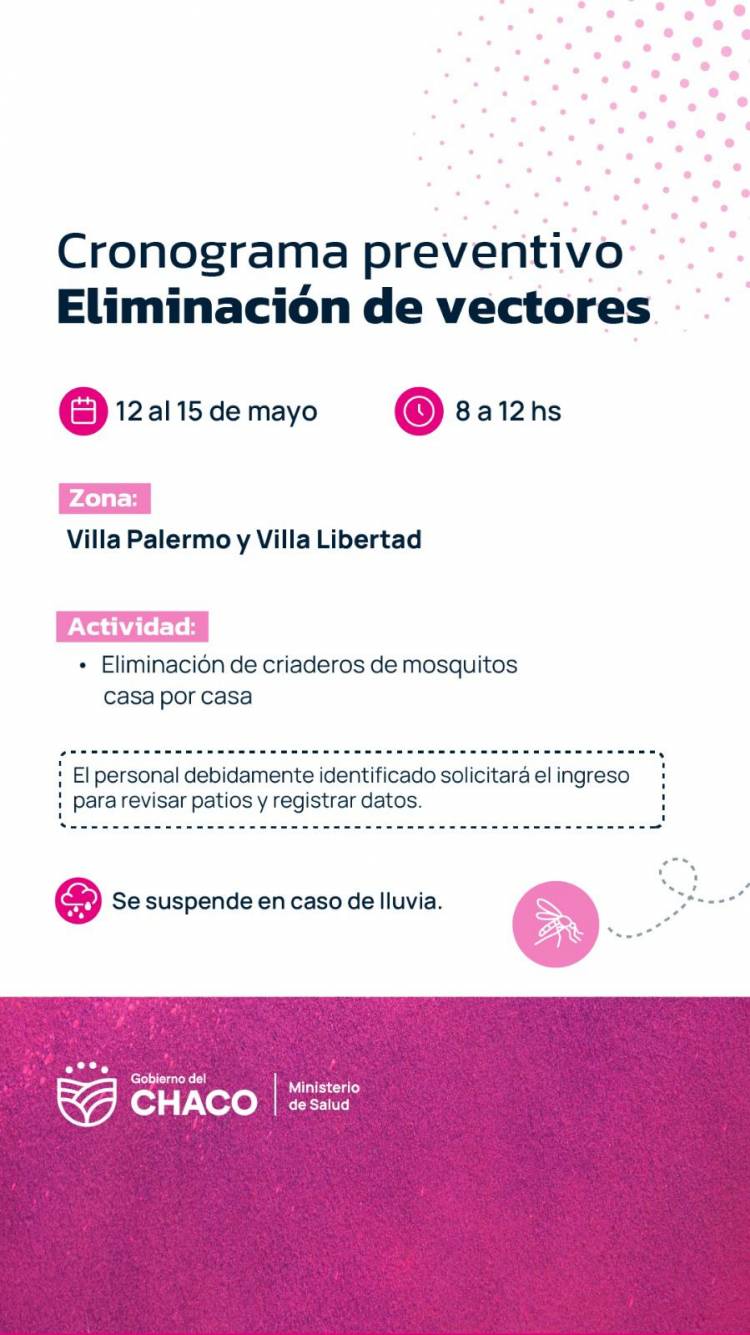 DEL 12 AL 15 DE MAYO: NUEVO OPERATIVO SANITARIO DE PREVENCIÓN DEL DENGUE EN RESISTENCIA