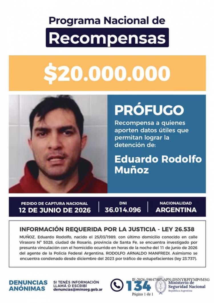 OFRECEN UNA MILLONARIA RECOMPENSA PARA LOGRAR LA CAPTURA POR EL CRIMEN DEL POLICÍA RODOLFO MANFREDI EN ROSARIO